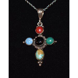 Vintage Sterling Silver Cross Pendant With Multi Gemstones - Southwestern